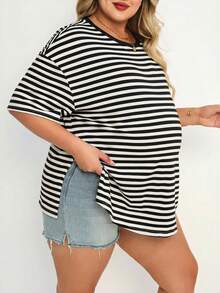Plussiva 大码孕妇夏季休闲通勤撞色条纹印花宽松蝙蝠袖开衩下摆T恤 - 黑色 - 查看 1
