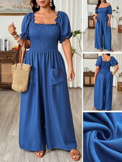Weeklong Mono de mujer talla grande con cuello cuadrado, mangas de pétalo, cintura ceñida y bolsillos delanteros, con volantes, para uso casual, vacaciones y uso diario