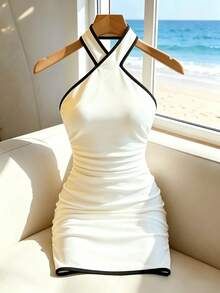 SHEIN Franclia Đầm ngắn ôm sát kiểu Pháp cổ yếm chéo, gợi cảm, thích hợp cho mùa hè đi club. - Đen và trắng - Xem 1