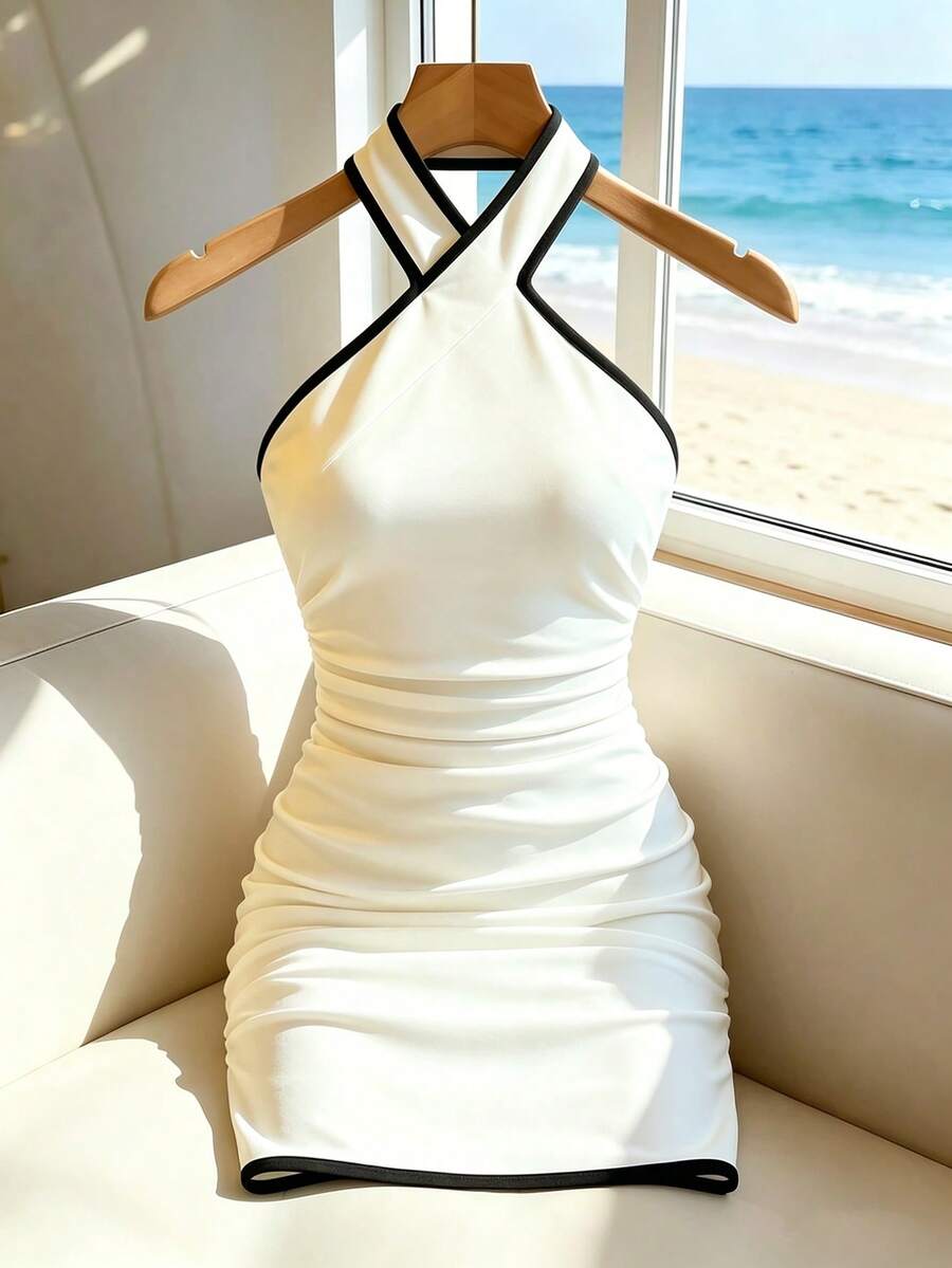 SHEIN Franclia Đầm ngắn ôm sát kiểu Pháp cổ yếm chéo, gợi cảm, thích hợp cho mùa hè đi club. - Đen và trắng - Xem 1