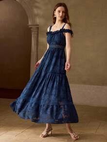 MOTF PREMIUM ELEGANT ROMANTIC VINTAGE FRENCH STYLE HIGH-END JACQUARD PATCHWORK LACE COLD-SHOULDER DRESS FOR WOMEN, SPRING/SUMMER - Navy Blue - View 4