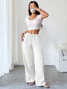 SHEIN Tall 女款紋理腰部抽繩休閒長褲，適合高個女性 - 白色 - 查看 8