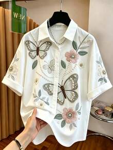 EMERY ROSE Camisa de mujer talla grande con patrón de mariposa bordada de imitación - Multicolor - Ver 3