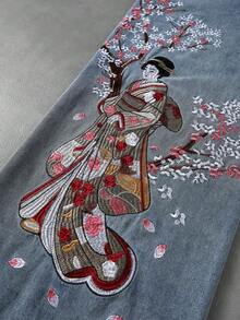 ROMWE MEN 女士植物刺绣阔腿宽松休闲牛仔裤 - 藍色 - 查看 6