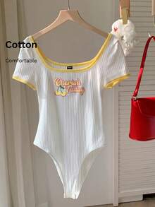Comfortcana 加大码黄白撞色方领字母印花连体衣，夏季服装，假日装扮 - 鵝黃色 - 查看 6