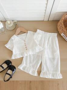 SHEIN LMoss Kids 女婴夏季可爱刺绣上衣和荷叶边裤套装 - 白色 - 查看 1