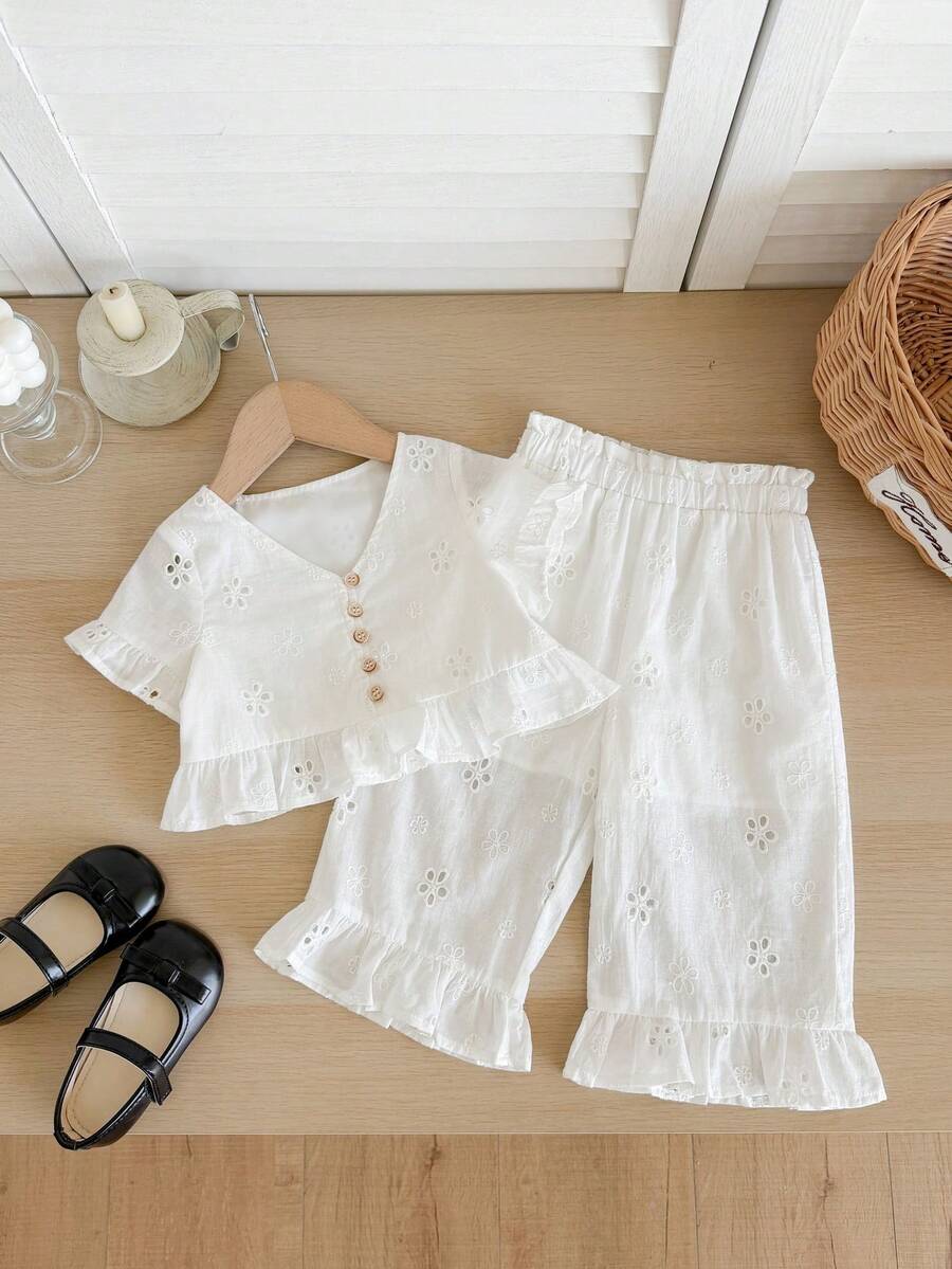 SHEIN LMoss Kids 女婴夏季可爱刺绣上衣和荷叶边裤套装 - 白色 - 查看 1