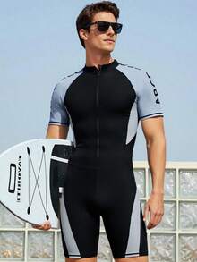 Vorlivo 男士拉鍊對比色短袖休閒連身褲，度假風 - 黑色 - 查看 3