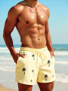 Manfinity KASUA Pantalones cortos de playa con estampado de palmeras de coco para hombre, vacaciones - Albaricoque - Ver 4