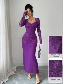Modelyn Square Neck Lace Patchwork Button Waist Fitted Midi Dress For Women - Purple - View 5
