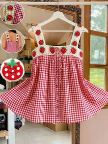 Sunnyshic Áo sơ mi nữ cỡ lớn chất liệu cotton mềm mại, thoải mái, họa tiết kẻ caro vuông, phối ren dâu tây, thắt nơ phía trước, không tay, kiểu dáng dễ thương, thích hợp cho kỳ nghỉ hè, dã ngoại, hẹn hò, dự tiệc và đi học. - Nhiều màu - Xem 1