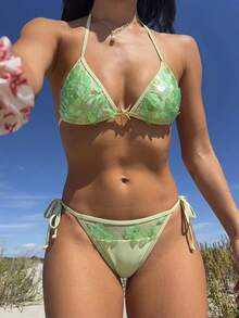 SHEIN MOD Bộ bikini nữ đi biển mùa hè màu trơn đính sequin dây buộc cổ gợi cảm, bộ bikini nữ màu xanh lá đính sequin lấp lánh điểm xuyết sao biển, bộ bikini nữ phong cách nàng tiên cá đính sequin và chi tiết sao biển cho mùa hè, bộ bikini cho nữ, bộ đồ bơi cho nữ, đồ bơi nữ 2 mảnh, bộ đồ đi biển cho nữ, áo tắm nữ - Màu be - Xem 2
