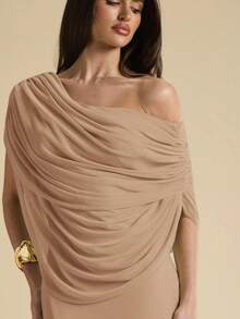 SHEIN BAE Khaki Off-Shoulder Ruched Fitted Elegant Dress, Tight Fitted Elegant Dress, Flowing Dress Dinner Date Summer - Khaki - View 5
