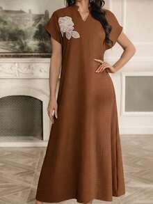 Al Najma Váy Ả Rập thanh lịch với cổ áo thêu hoa, tay raglan, cổ tàu. - màu nâu - Xem 4