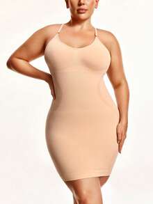 SHEIN Plusstorlek Sommarklänning i enfärgad med elastiska spaghettiband och bodycon - Beige - Visa 6