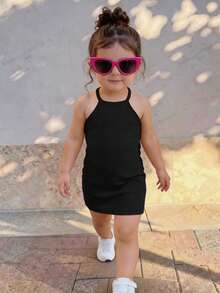 SHEIN Vestido de camisola de punto casual y lindo para bebé niña de vacaciones - Negro - Ver 1