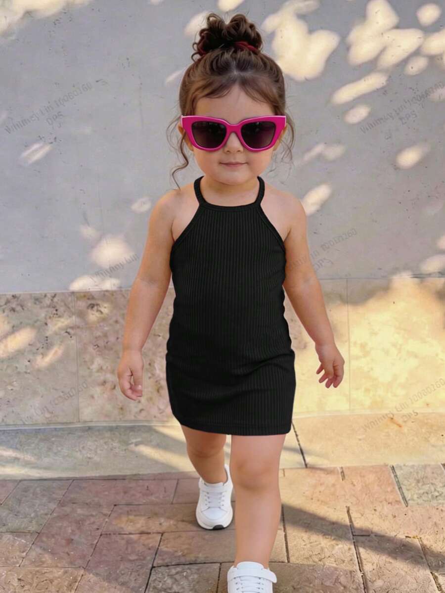 SHEIN Vestido de camisola de punto casual y lindo para bebé niña de vacaciones - Negro - Ver 1