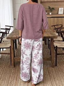 Elouméa 蓝色花卉印花度假两件套，七分袖，休闲春夏装 - 彩色 - 查看 2