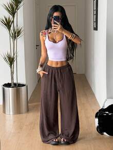 Pantalones blancos de algodón 100% lavados, con dobladillo curvo, para mujer, estilo básico minimalista, para ir a conciertos campestres de verano, salir, playa y vacaciones bohemias - Marrón Mocha - Ver 7