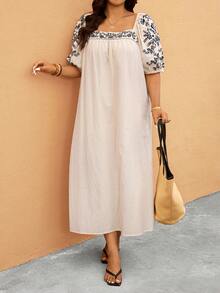 Elaquor Plus Size Floral Print Casual Vacation Dress - Apricot - View 3