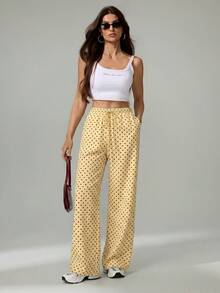 SHEIN Tall Quần dài màu nâu, quần mùa đông, quần Giáng sinh, quần năm mới, quần dệt chấm bi nâu, quần ống rộng thắt eo dành cho nữ, quần chấm bi nâu, quần chấm bi nâu, quần mùa thu, quần áo mùa thu cho nữ, quần áo mùa đông cho nữ - Vàng nhạt - Xem 8