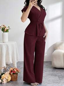 Feyla Plus Size Solid Color Wrap Crossed Short Sleeve Double-Breasted Elegant Minimalist 2 Pieces Set - Burgundy - View 6