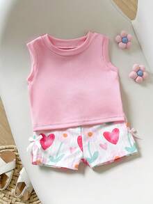 SHEIN Playful Pals 女婴夏季蓝色纹理无袖上衣和蓝色格子短裤套装，饰有蓝色蝴蝶结，日常必备单品 - 粉色 - 查看 6