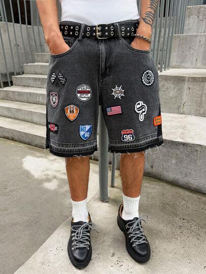 Manfinity EMRG Quần short denim thêu họa tiết dành cho nam mùa hè, quần short Bermuda dáng rộng phong cách đường phố.