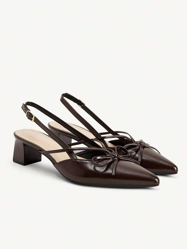 CUCCOO CHICEST Dark Brown Pointed Bow Slingback Thick Heel Sandals, Workplace Commuting Temperament Shoes