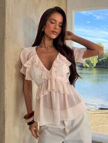 Aloruh Blusa bohemia con volantes para vacaciones de mujer - Marrón - Ver 8