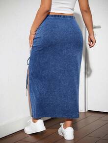 SHEIN ICON Plus Size Women Elastic Waist Side Drawstring Slit Hem Denim A-Line Skirt - Dark Wash - View 2