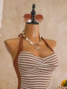 Swim Lushoire Baju Renang Terusan Wanita Motif Garis-Garis dengan Model Halter dan Bagian Belakang Berpilin - MultiWarna - View 5