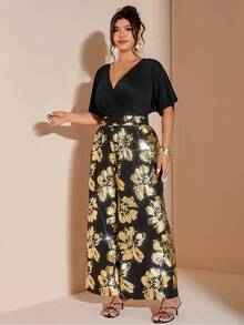 Cravure Plus Size Off-Shoulder Fitted Top With Foil Splicing & Wide Leg Pants Jumpsuit - Black - View 4
