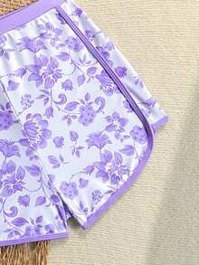 SHEIN Setelan Baju Renang dan Celana Pendek Terusan untuk Remaja Perempuan, Motif Bunga, Leher Halter yang Dapat Diatur, Gaya Prancis yang Imut, Liburan Musim Panas di Pantai, Kolam Renang, dan Selancar. - Mauve Purple - View 5