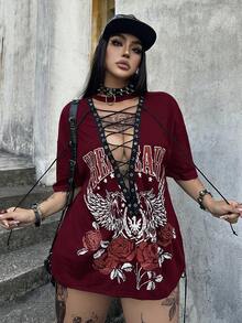 Whyspr 暗黑朋克复古黑色摩托车摇滚图案抽绳女式T恤 - 酒紅色 - 查看 4