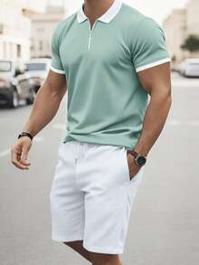 VENTUSAIL Men's Contrast Color Polo Shirt Set,Green And White Summer Casual Holiday Beach Outfit,Sage Green Streetwear For Parties,Vacations&Daily Leisure - Green - View 3