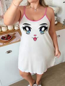 Slumberry CURVE Cute Cartoon Graphic Print Camisole Nightgown For Women - Multicolor - View 6