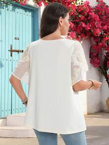 Miaspire 春季大码女式碎花系带黑色上衣 - 米色 - 查看 4