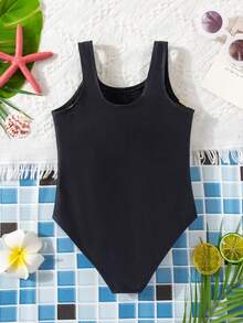 SHEIN Kids Young Girl Baby Yellow Floral Print One-Piece Swimsuit,Vintage Luxury Y2K Aesthetic  Beachwear For Summer,Beach,Family Vacation,Holiday,Pool - Black - View 3