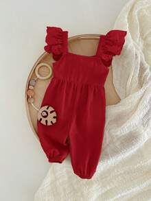 Newborn Baby Girl Cute Casual Versatile Bowknot Cap Sleeve Jumpsuit - Burgundy - View 5