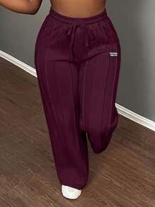 Slaydiva Casual Solid Color Drawstring Elastic Waist Straight Leg Pants - Purple - View 5