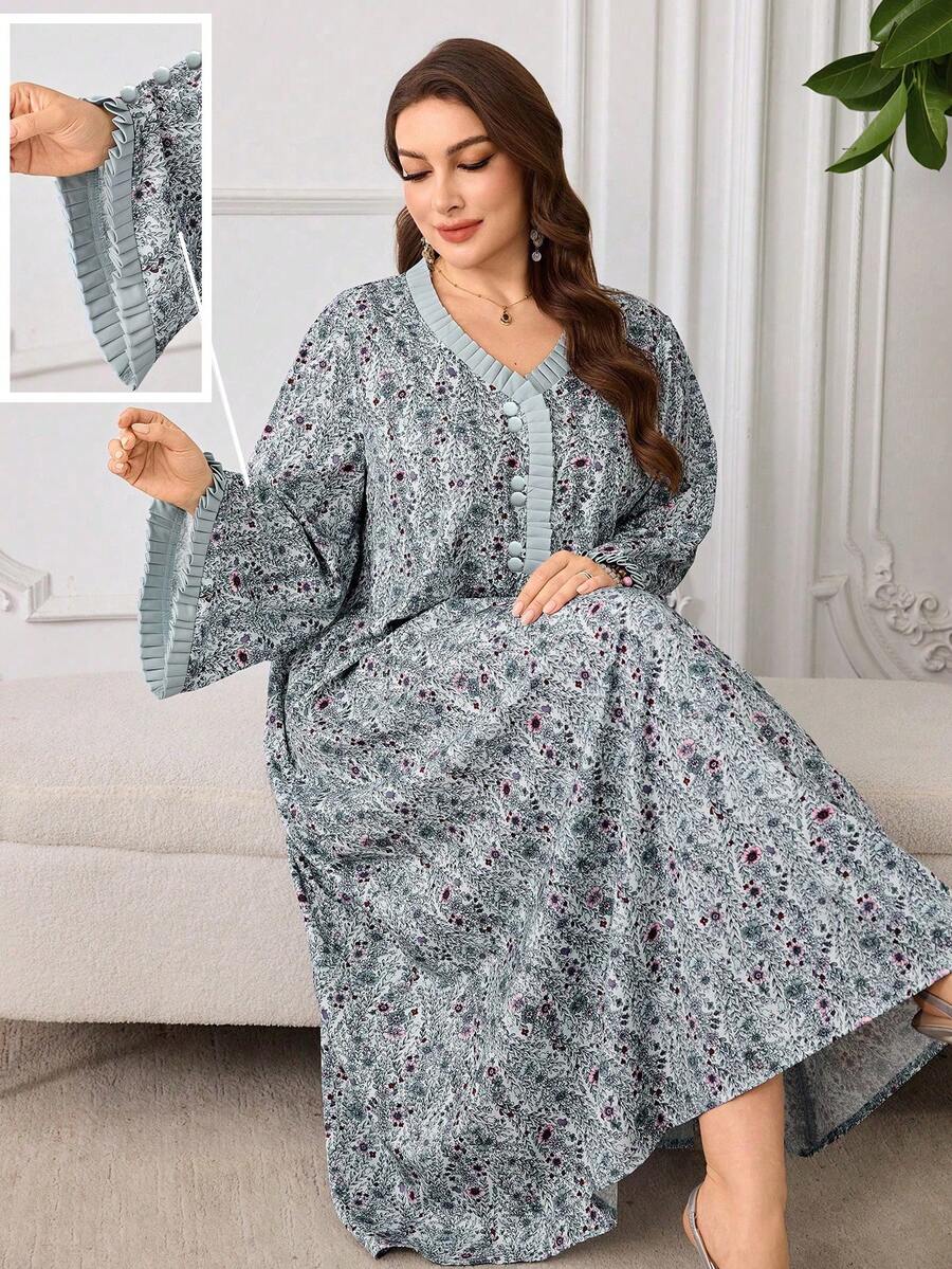 Al Najma Casual Allover Print Pleated Decor Long Sleeve Loose Regular Spring/Autumn Plus Size Women Arabic Dress - Multicolor - View 1