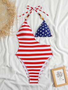 Swim SXY Shiny Fabric Contrast Color Beaded One-Piece Swimsuit - Multicolor - View 7