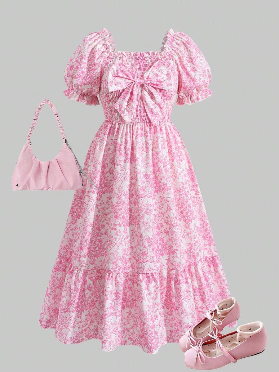 SHEIN 1件少女碎花荷叶边短袖粉色蓬蓬裙,适合日常生活、旅行、海滩、派对等场合。 - 粉色 - 查看 1