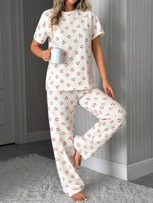 SHEIN Conjunto de pijama con estampado de besos en toda la prenda y pantalón de pierna ancha - Blanco - Ver 4