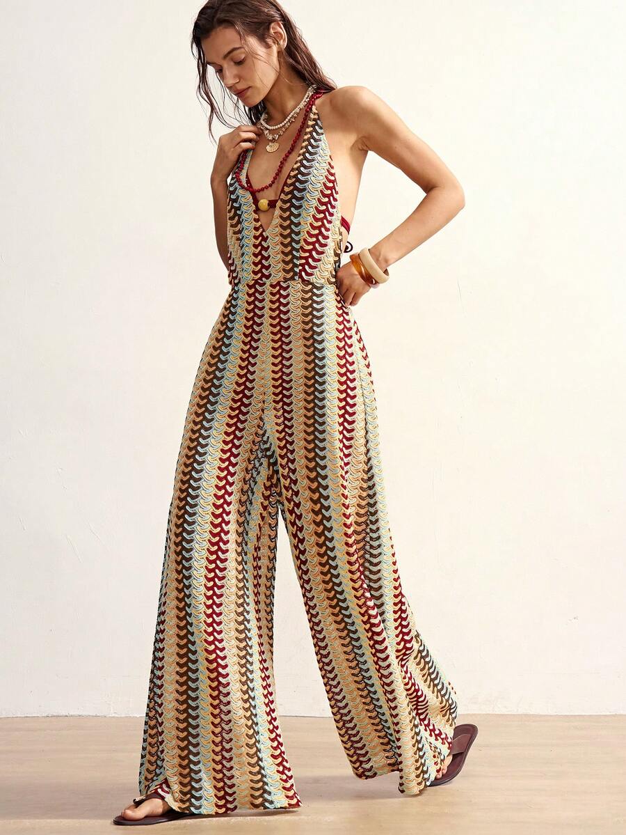 Bohemela Bộ jumpsuit nữ kẻ sọc cổ chữ V sâu gợi cảm kiểu yếm - Nhiều màu - Xem 1