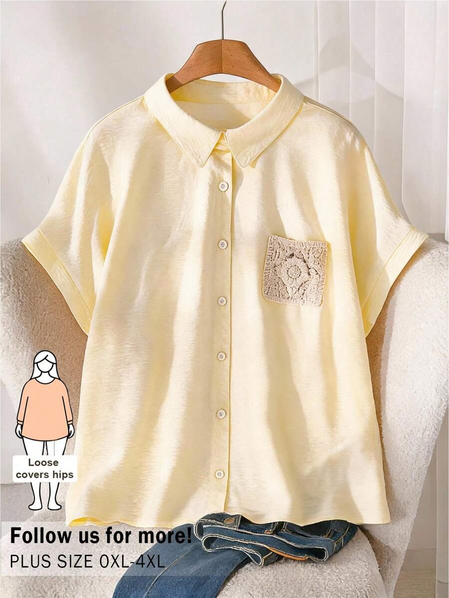 CosyJoli 大尺碼休閒獨家襯衫,黃色上衣,鈕扣式水溶性蕾絲口袋戶外穿著,可愛夏季短袖女式襯衫 - 淡黃色 - 查看 1