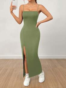 PETITE Women's Long Black Dress With High Slit Strap And Solid Color - Army Green - View 6