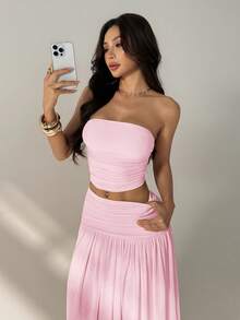 SHEIN PETITE 2件組女款浪漫粉色網紗平口上衣與高腰百褶網紗長裙，度假穿搭 春/夏，夏季女裝，適合嬌小女性 - 淺粉色 - 查看 7