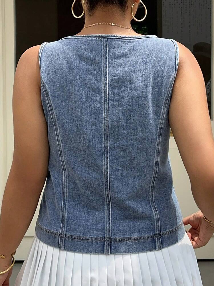 Dazy Plus Washed Blue Tie-Up Vacation Style Plus Size Women Sleeveless Cropped Denim Tank Top